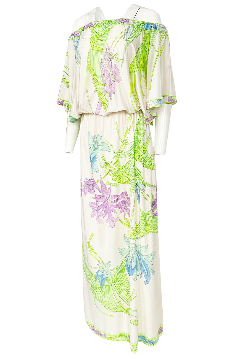 1970s Leonard Paris Off Shoulder Tropical Floral Print Silk Jersey Dress