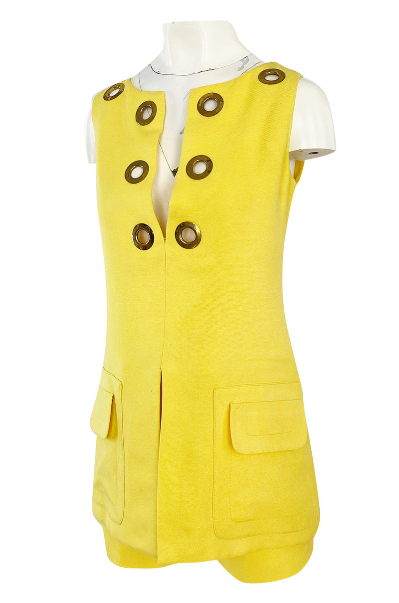 1960s Pierre Cardin Couture Bright Sunny Yellow Tunic & Hot Pant w Open Metal Grommets