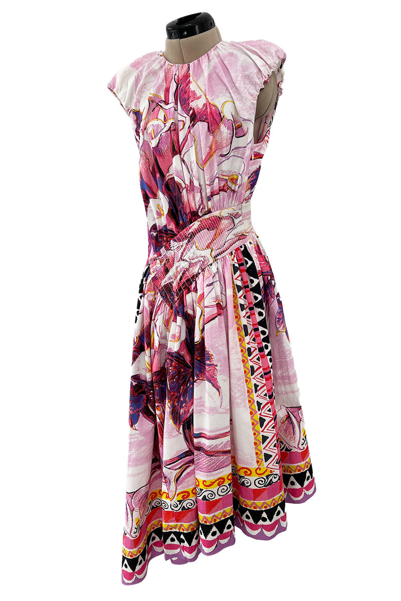 Prettiest Recent Prada Pink Flowerpot Postcard Print Cotton Dress w Asymetrical Hemline