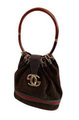 Rare & Original 1970s Gucci Deep Chocolate Suede Bucket Bag w Lucite Handle & Stripes
