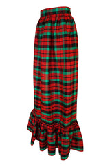 1960s Unlabelled Red & Green Plaid Silk Taffeta Ruffle Skirt