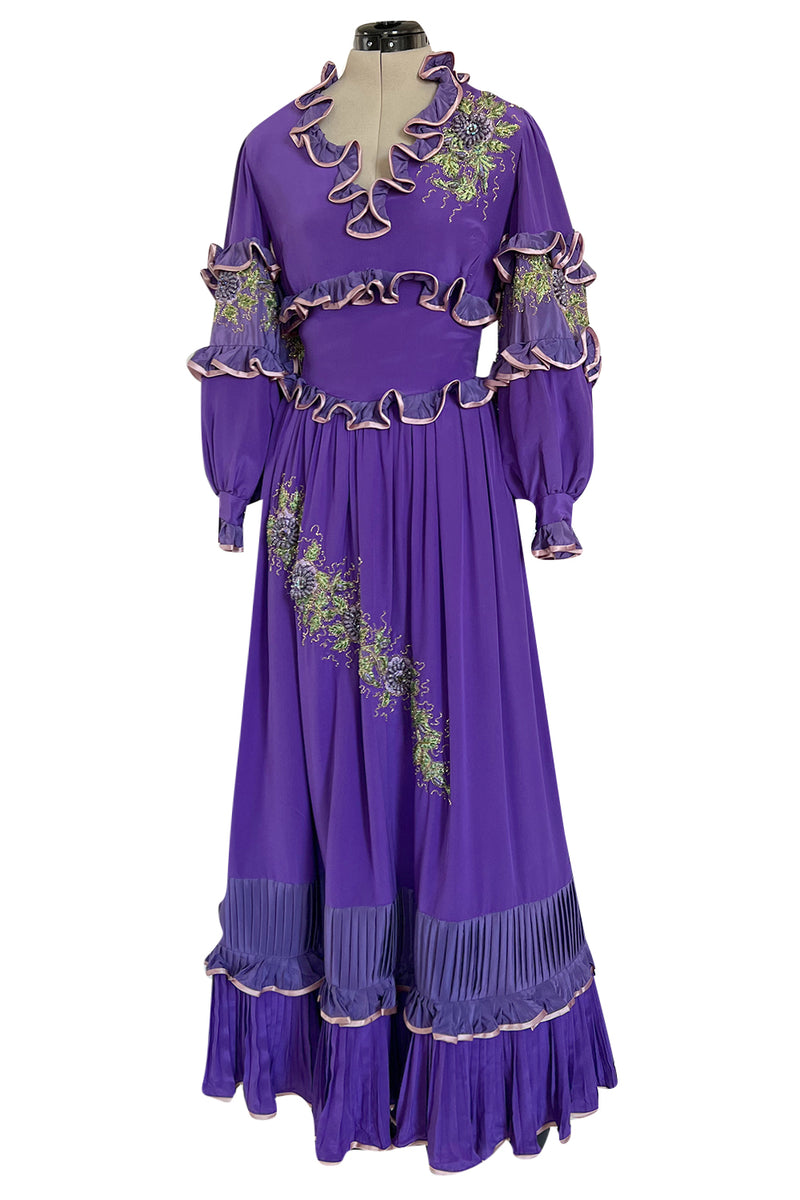 Rare 1960s Tiziani Couture by Karl Lagerfeld Purple Silk Dress w Intricate Hand Beading