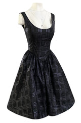 Early 1980s Nina Ricci Black Silk Metallic Lame Full Skirted Low Back Dress