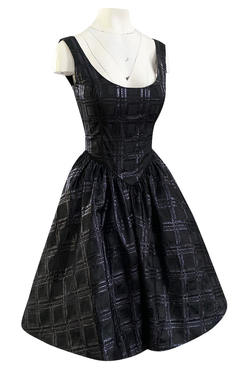 Early 1980s Nina Ricci Black Silk Metallic Lame Full Skirted Low Back Dress