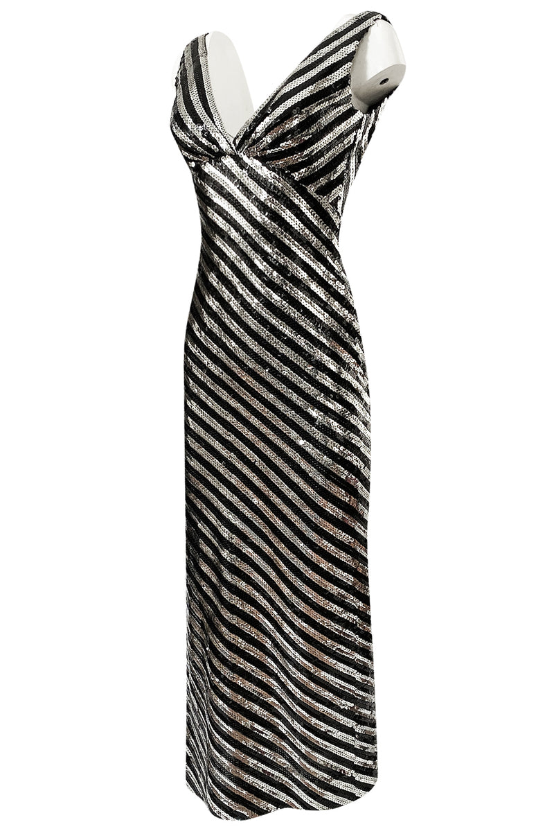 1970s Ruben Panis Silver & Black Sequin Low Front & Back Dress