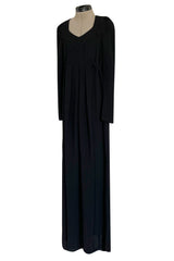 Incredible 1960s Ossie Clark Black Moss Crepe Dress w Capped Shoulders