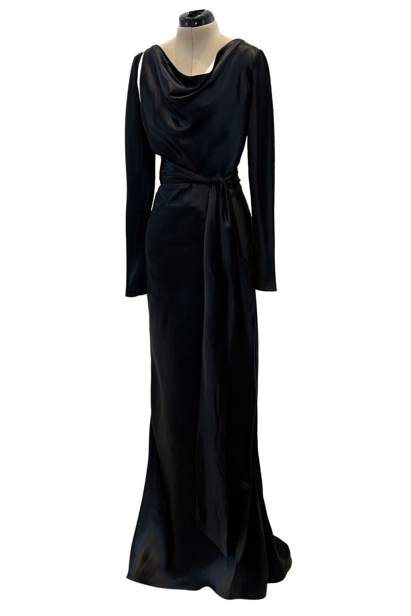 Incredible 2007 Alexander McQueen Original Bias Cut Black Silk Satin Dress w Tie Belt