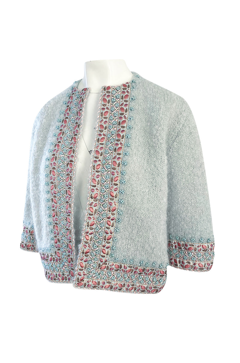 1950s I. Magnin Pale Blue Sweater Cardigan w Silk Ribbon and Hand Done Embroidery Work