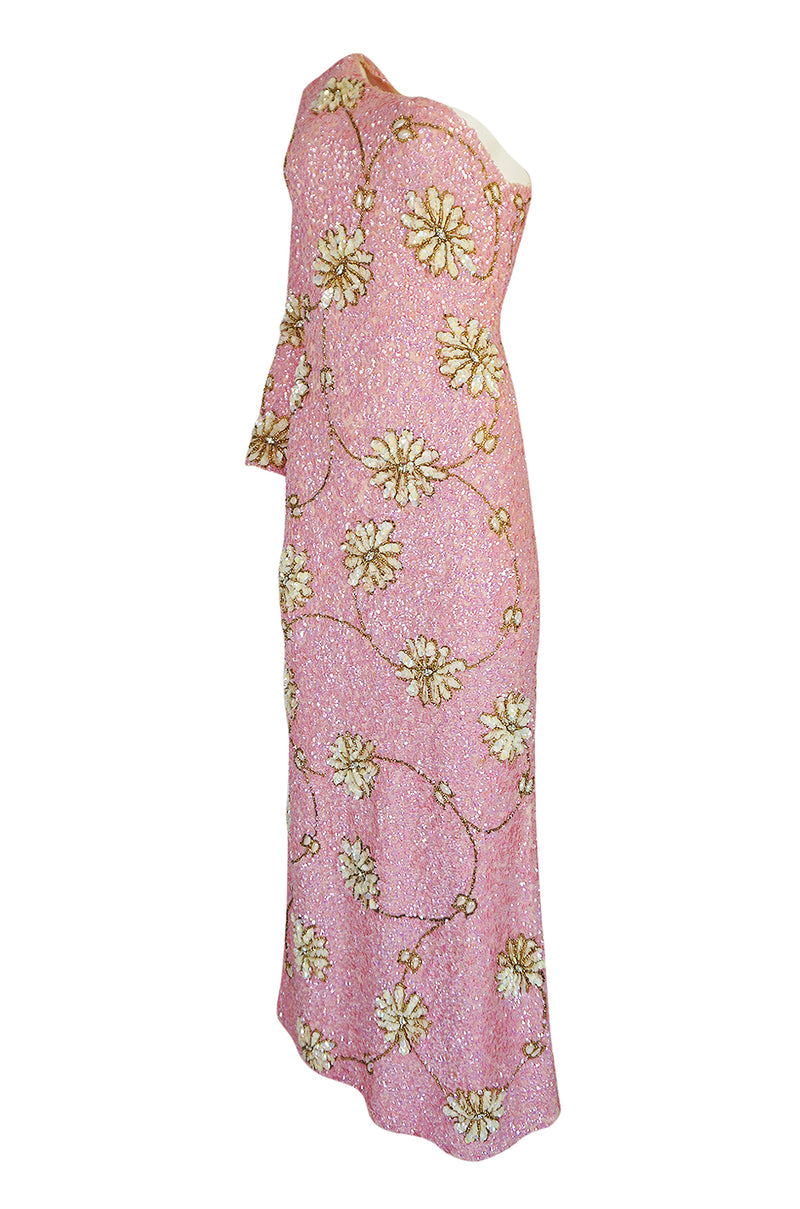 c.1965 Gene Shelly Pink Sequin Stretch Knit Dress w 3D Floral Design