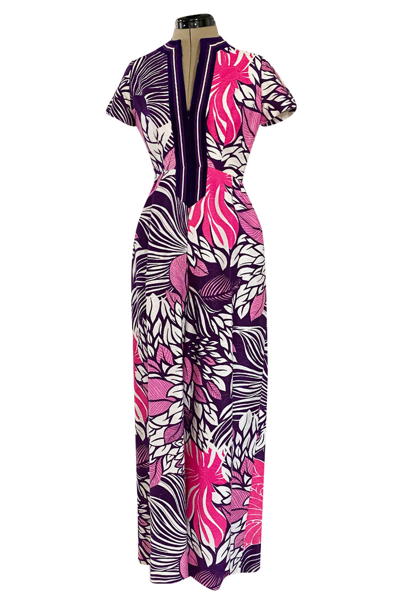 1960s Gino Charles for Malcolm Starr Purple & Pink Printed Jumpsuit w Extra Wide Legs