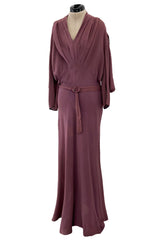 Unusual 1930s Avant Garde Mauve Moss Crepe Dress w Hand Beaded Sleeve Detailings