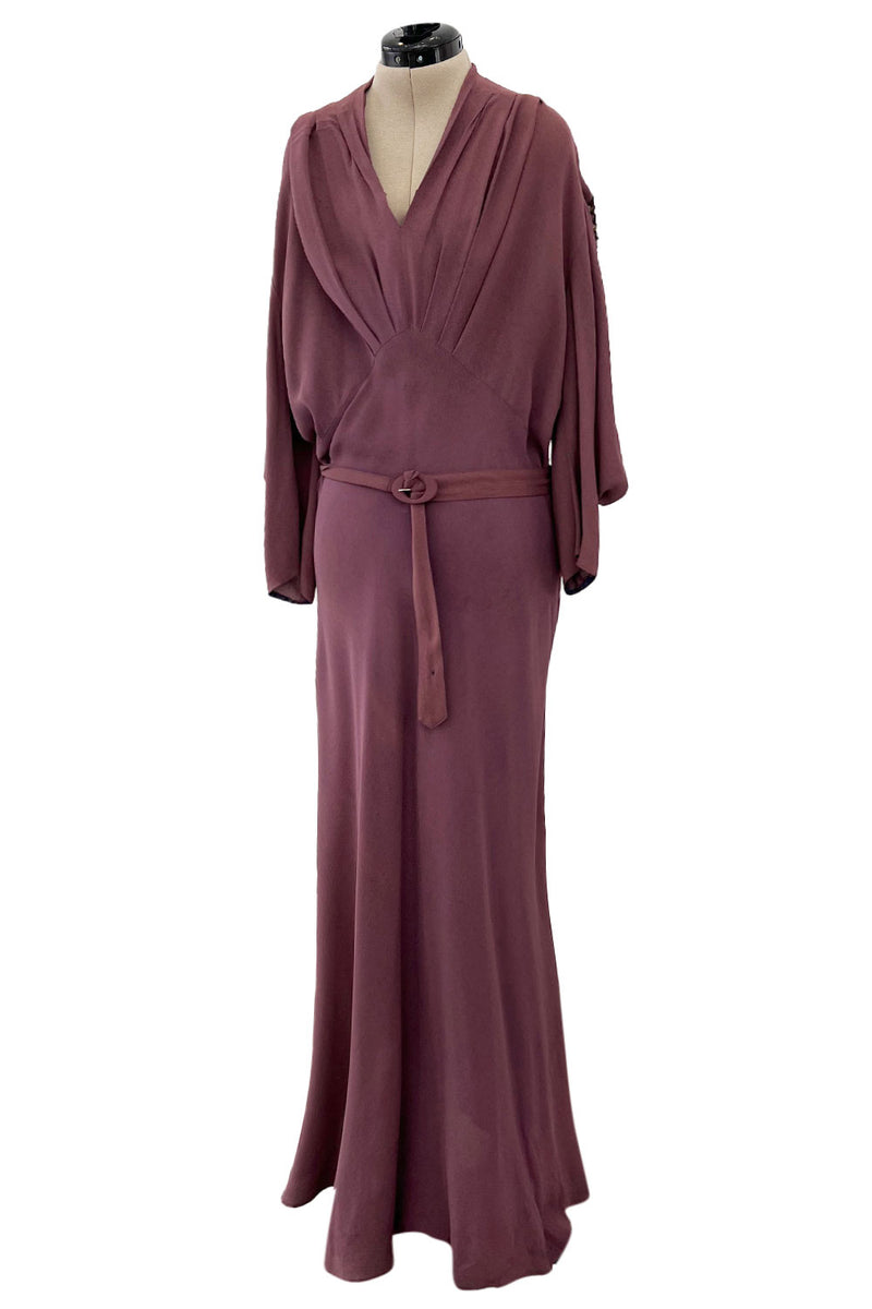 Unusual 1930s Avant Garde Mauve Moss Crepe Dress w Hand Beaded Sleeve Shrimpton Couture Unusual 1930s Avant Garde Mauve Moss Crepe Dress w Hand Beaded Sleeve Shrimpton Couture