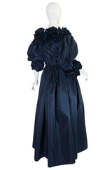 1980s Bill Blass Midnight Blue Silk Taffeta Plunging Ruffled Dress