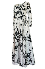 1960s Dynasty Graphic White & Black Floral Print Jersey Jumpsuit