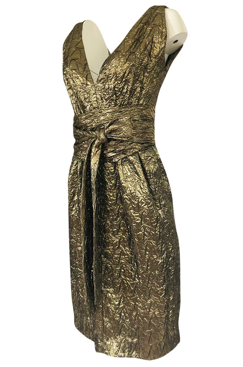 1960s Possible Christian Dior Gold Lame Back & Front Plunge Dress