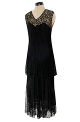 Light as Air Late 1920s Unlabeled Fine Black Lace Dress w Matching Jacket & Rhinestone BuckleBelt