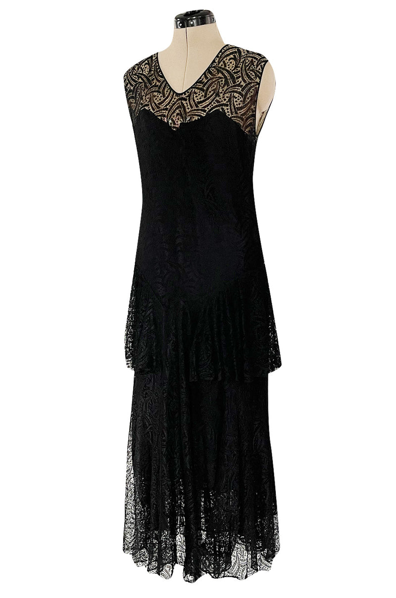 Light as Air Late 1920s Unlabeled Fine Black Lace Dress w Matching Jacket & Rhinestone BuckleBelt