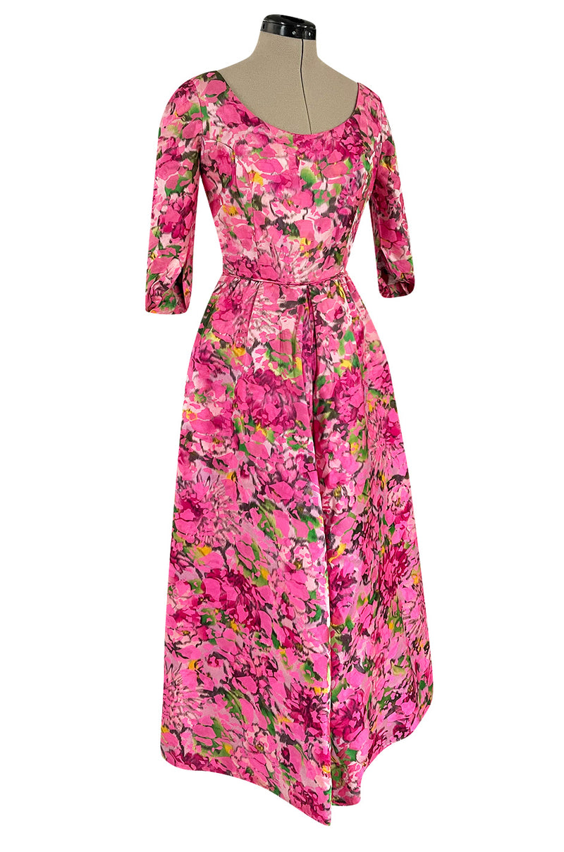 Gorgeous 1960s Jean Louis Pink w Green Floral Raised Silk Brocade Midi Dress