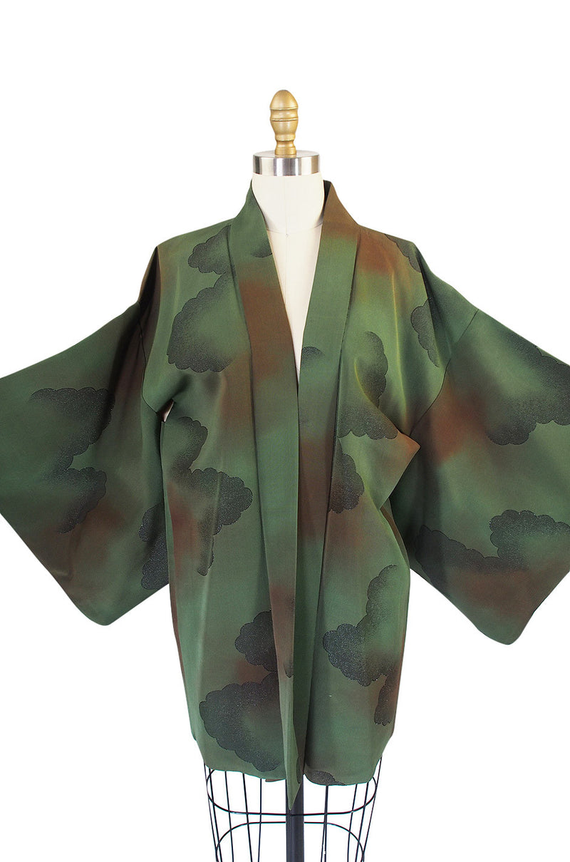 Unusual 1950s Green & Metallic Silk Kimono
