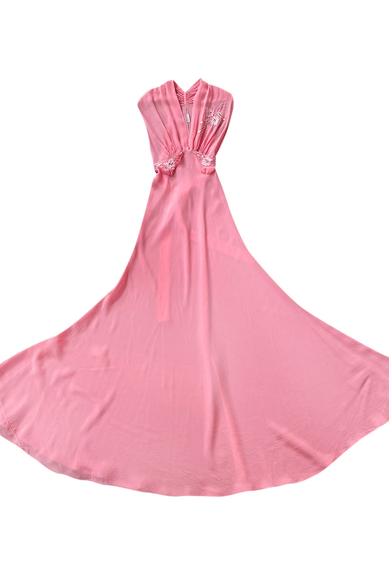1930s Pink Silk Hand Applique Detailed Boudoir Negligee Lingerie Dress