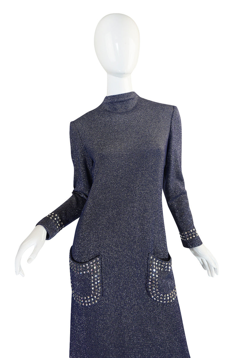 1970s Pauline Trigere Blue Lurex & Rhinestone Dress
