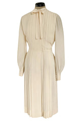 Spring 1976 Chanel Haute Couture Silk Ivory Dress w Hand Stitched Pleats