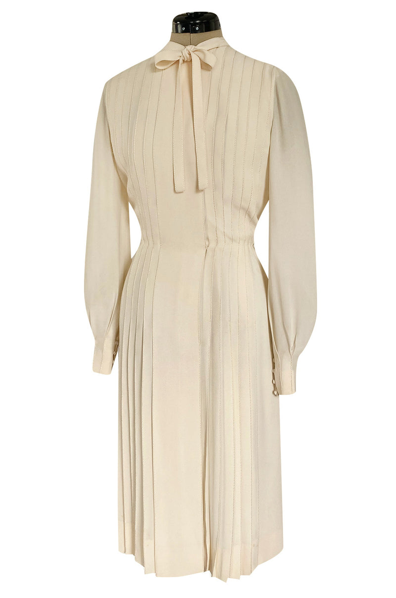 Spring 1976 Chanel Haute Couture Silk Ivory Dress w Hand Stitched Pleats