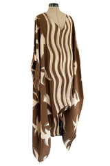 1980s Bill Blass Wavy Stripe & Abstract Print Pattern Soft Brown & Creamy Taupe Silk Caftan Dress