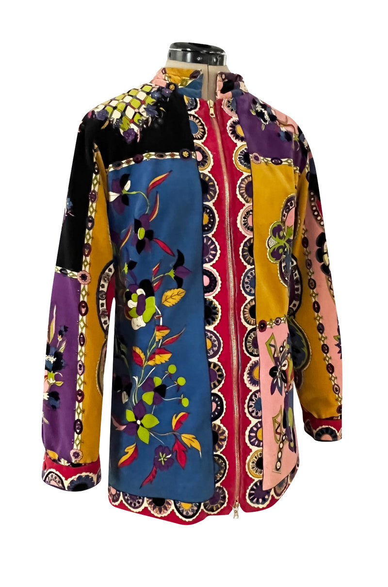 1970s Emilio Pucci Longer Cut Velvet Bright Floral and Medallian Print Jacket