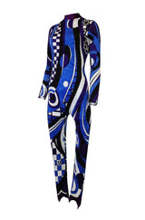 Rare 1970s Emilio Pucci Blue Print Velvet Stretch Catsuit w Stirrups