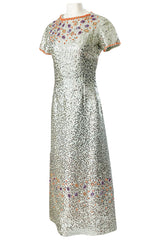 1960s Gene Shelley Pale Ice Blue Silk Dress w Silver Sequins & Beads