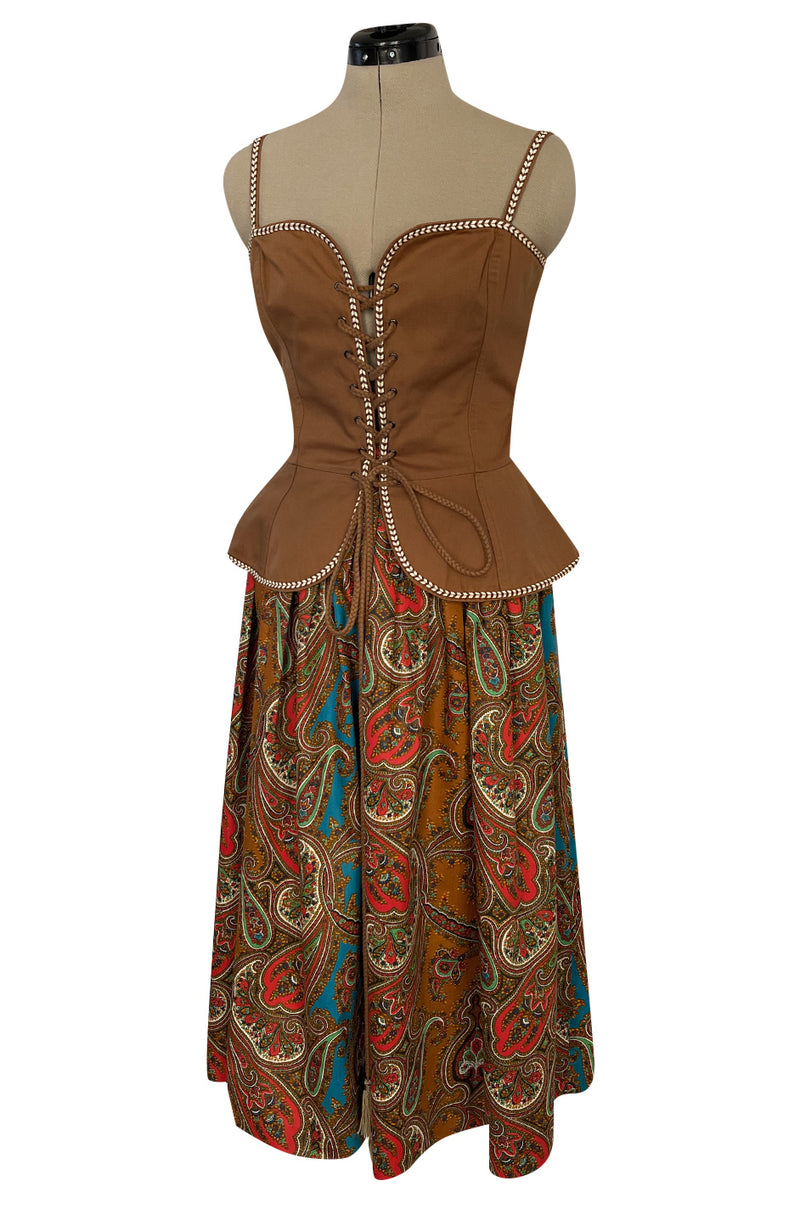 Documented Spring 1977 Yves Saint Laurent Iconic Laced Corset Top & Matching Printed Skirt