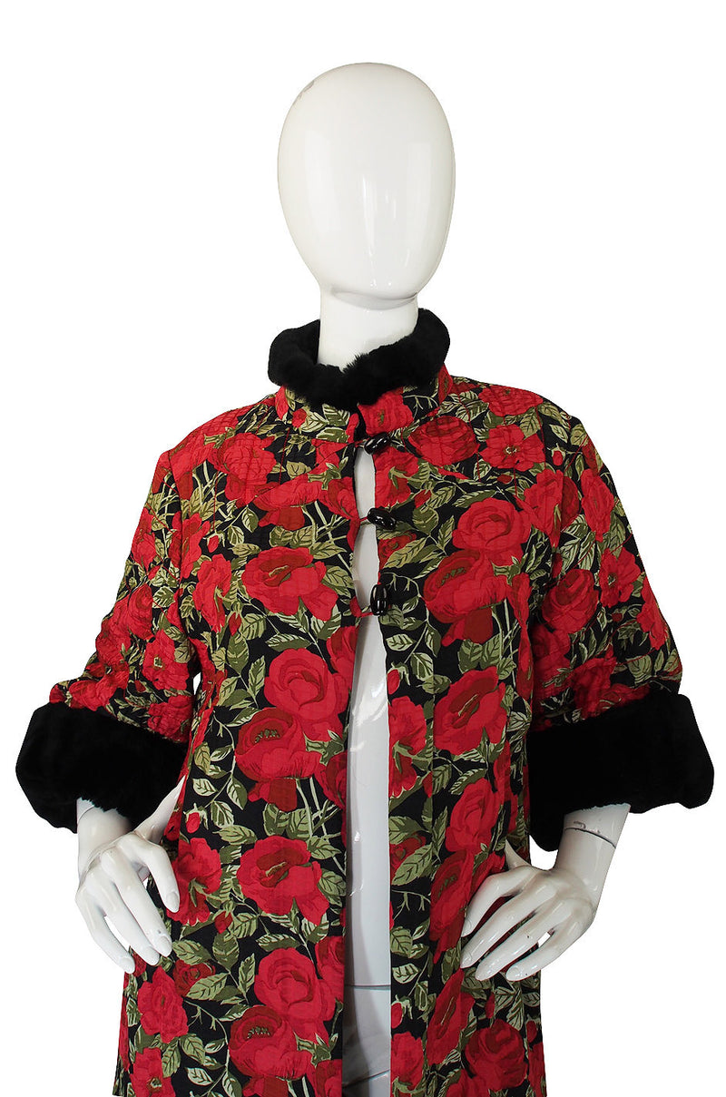 1970s Fur Trimmed Christian Floral Silk Dior Coat