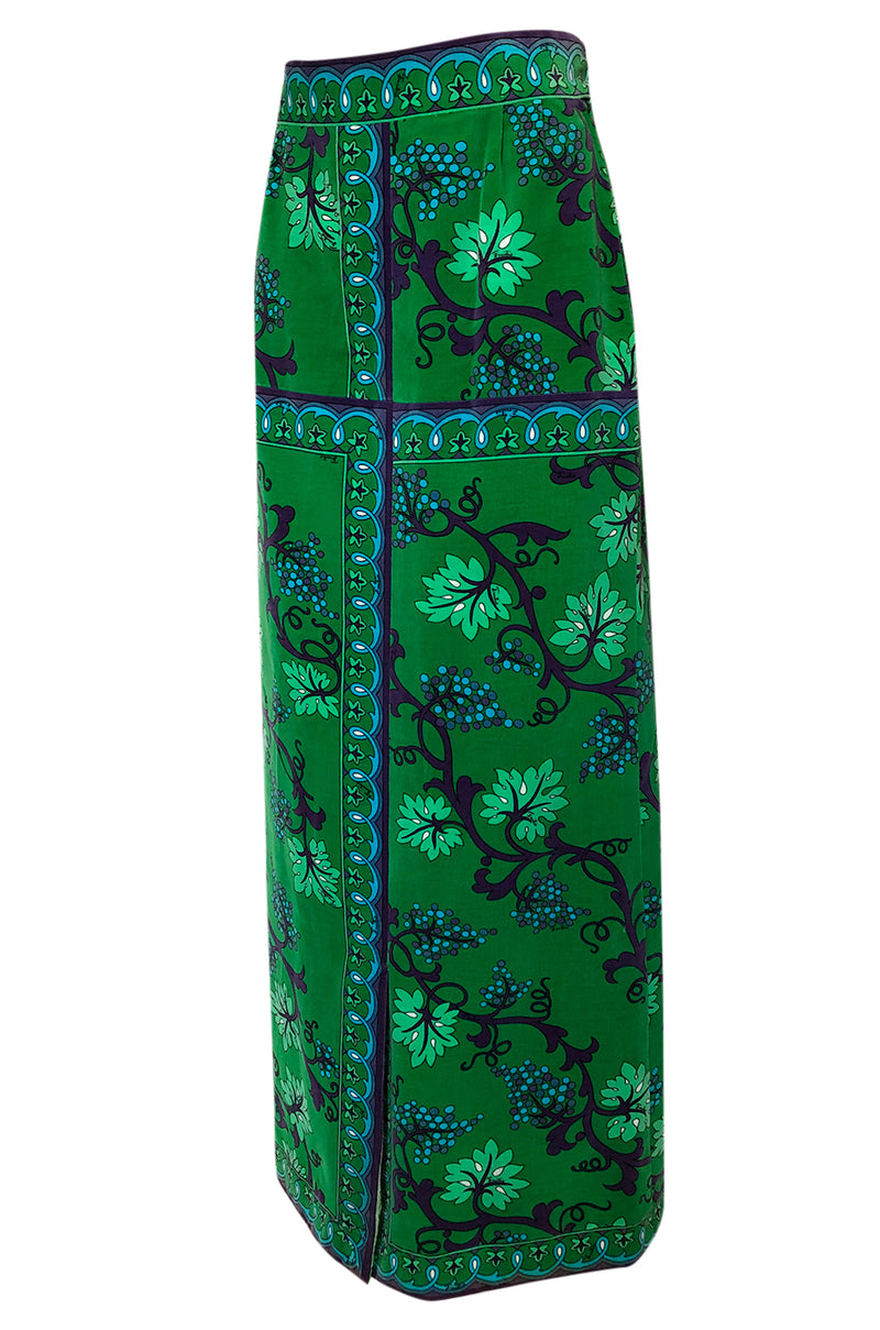 1960s Emilio Pucci Green Velvet Grape Vine Print Full Length Maxi Skirt