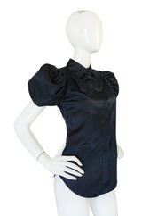 Stunning Recent Prada Deep Blue Silk Pouf Sleeve Top