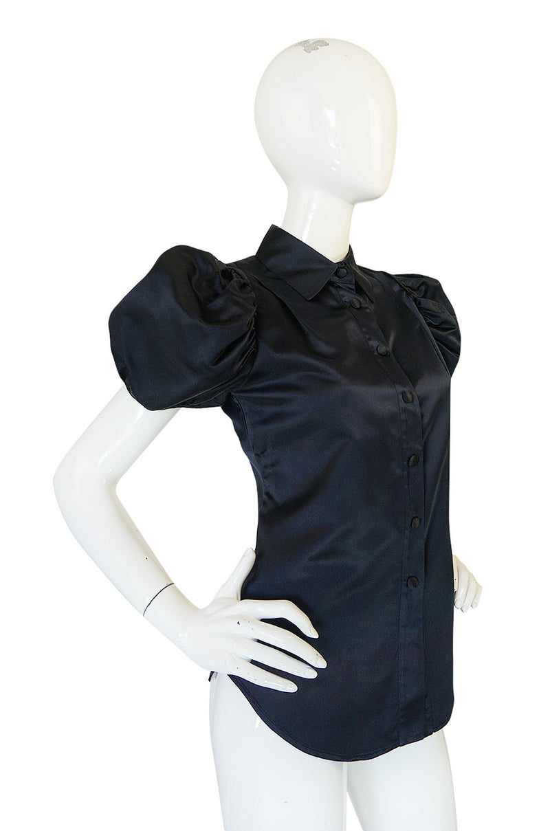 Stunning Recent Prada Deep Blue Silk Pouf Sleeve Top