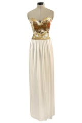 Glamorous 1976 Loris Azzaro Couture Strapless Metallic Gold Sequin & Silk Satin Dress