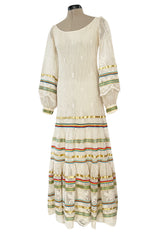 1975 Giorgio Sant' Angelo Hand Crochet Dress w Balloon Sleeves & Metallic Ribbon Detailing