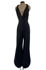 Early 1980s Giorgio Sant' Angelo Black Plunge Jersey Jumpsuit w Balloon Bottoms & Bare Back