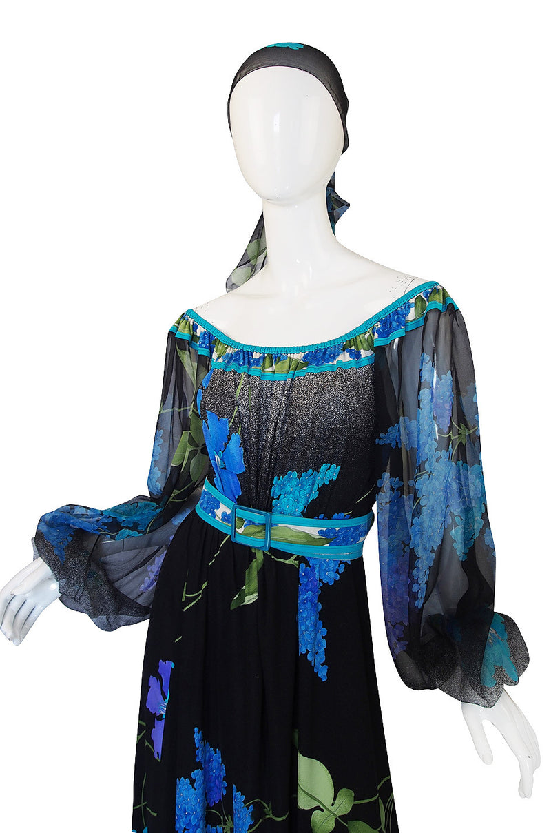 1970s Leonard Silk Chiffon & Jersey Caftan Dress