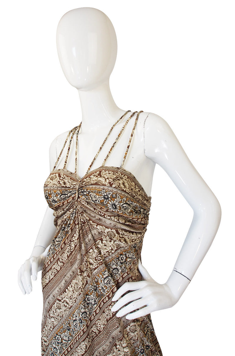 1970s Joy Stevens Printed Jersey Multi Strap Halter Dress