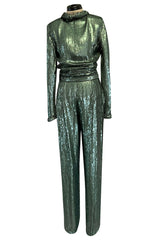 Amazing 1979 John Anthony Couture Sea Green Jumpsuit Completely Covered in Sequins