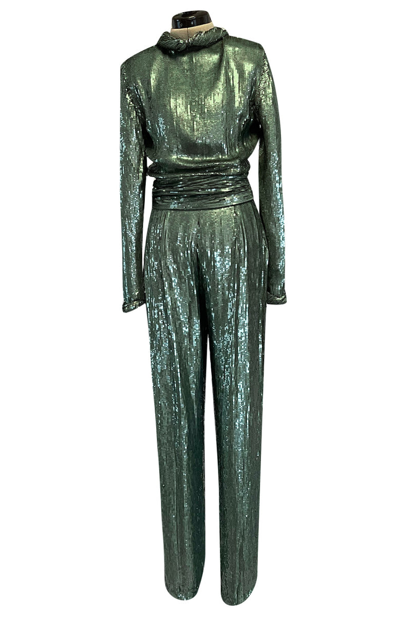Amazing 1979 John Anthony Couture Sea Green Jumpsuit Completely Covered in Sequins