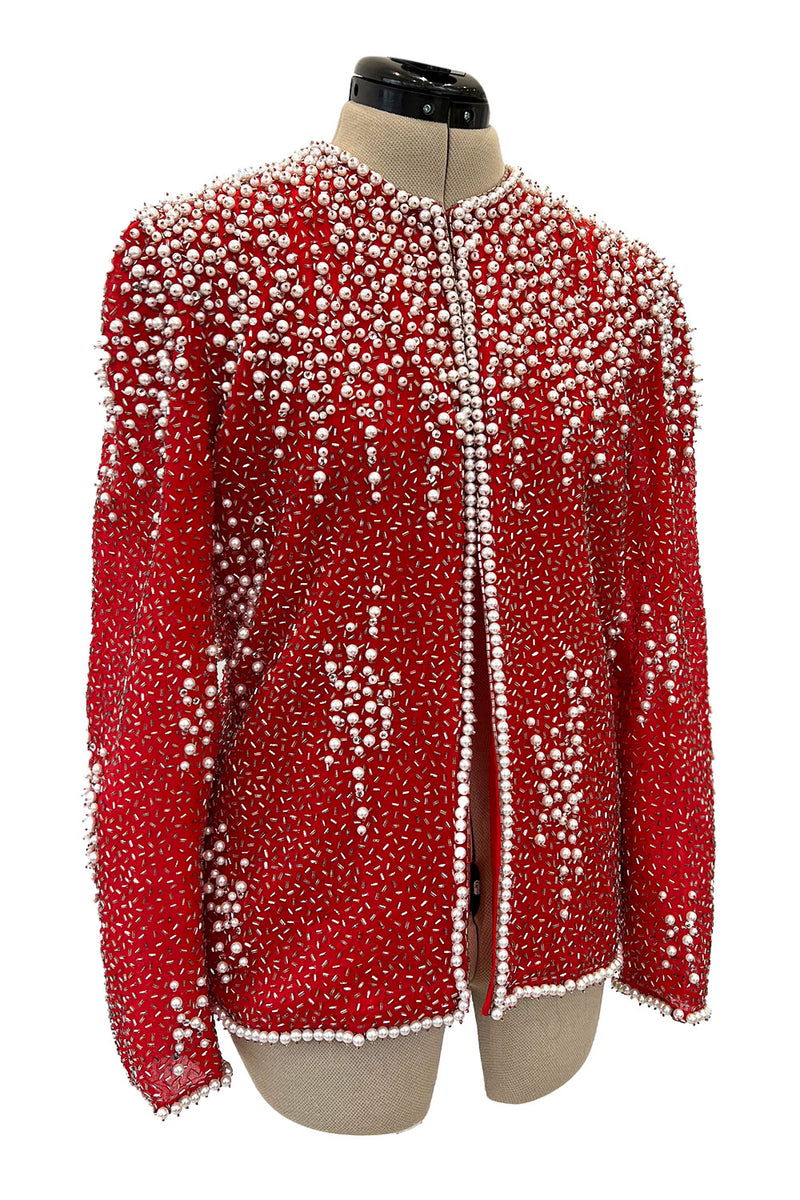 Prettiest 1980s Victoria Royal Faux Pearl & Silver Tube Bead Red Jacket