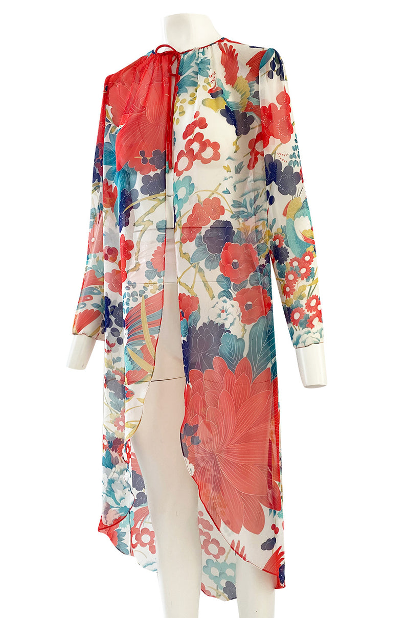 1970s Hanae Mori Silk Chiffon Jacket w Huge Bright Floral and Parrot Print