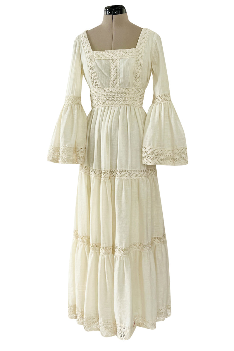 Bohemian 1970s Victor Costa Mexican Wedding Dress Feel Ivory Cotton & Lace Dress