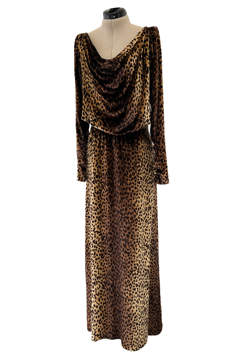 Important Spring 1993 Yves Saint Laurent Runway Draped Neckline Panne Velvet Leopard Print Dress