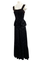 Rare 1970s Mary Quant Black Silk Floral Weave Maxi Dress w Peplum & Ruffled Hem