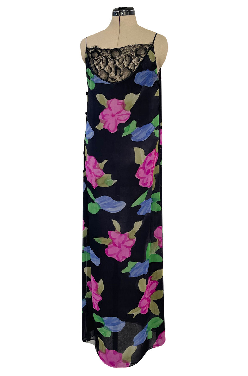 Custom 1970s James Galanos Floral Print Silk Chiffon Dress w Deep Plunging Black Lace Inserts