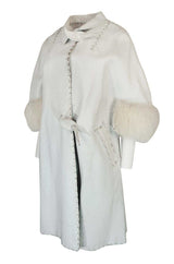 1950s White Leather Tent Coat With Whip Stitch & Fur Cuffs